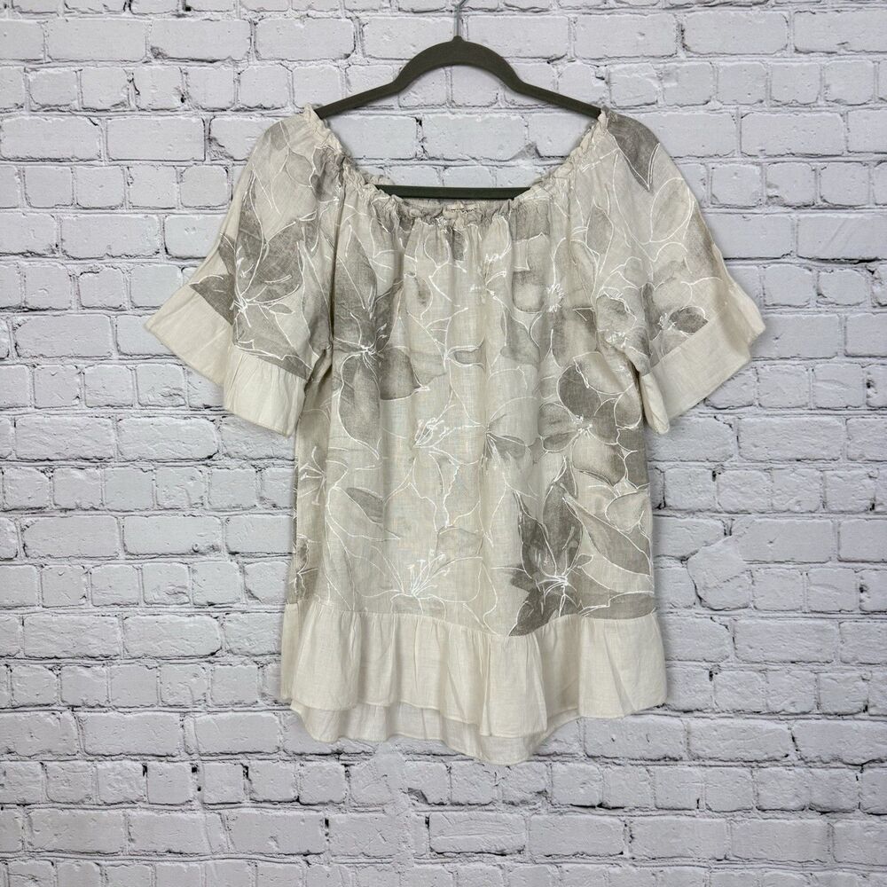 Terzo Millennio Off The Shoulder Linen Top Women L Flutter Sleeve Beige Floral